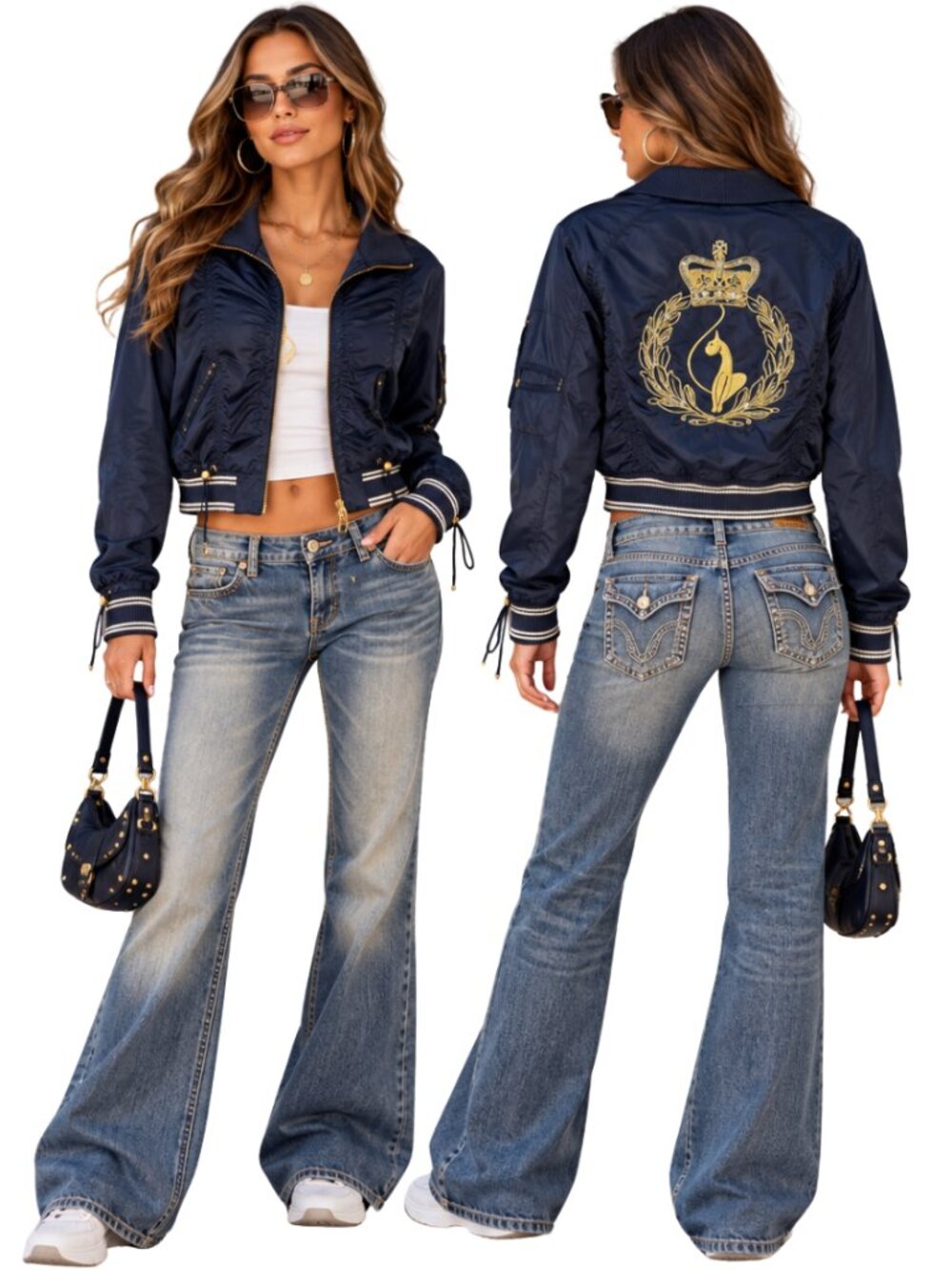 Vintage Y2K Baby Phat Cropped Ruched Coat Womens Large Blue Embroidered Full Zip